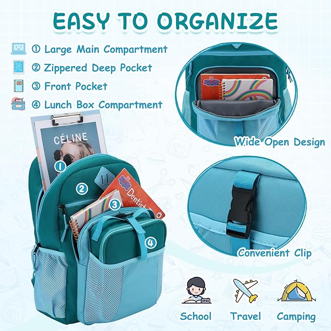 VASCHY Kids Backpack Lunch Bag Set, Girls 2-1 School Bookbag Insulated Lunch Box for Toddlers Preschool,Daycare,Kindergarten,Elementary School Green