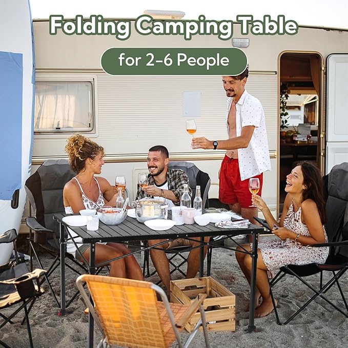 Join Nature Portable Outdoor Adjustable Height Camping Table, Large for 2-6 Person, Foldable Roll-up Aluminum Camp Table with Carry Bag for Picnic, Camp, Sturdy, Stable, Loads 220 Lbs (Black)