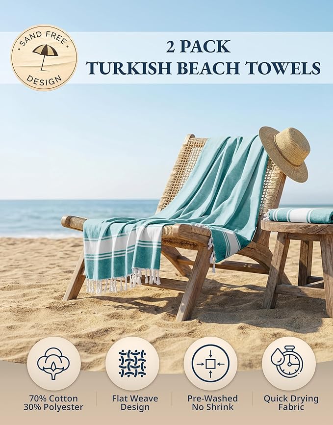 LANE LINEN Beach Towel Oversized, 2 Pack Turkish Beach Towels, Pre-Washed Stylish Womens, Quick Dry Swim, Sand Free Beach Towel, Adult Beach Towels - Hunter Green