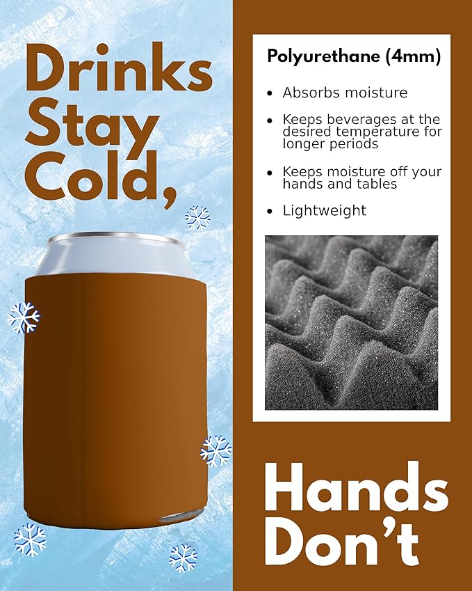 PartyPrints 200 Pack Brown Blank Can Cooler Sleeves, Customizable Bulk Insulated Foam for Beer, Collapsible Plain Drink Holder, Cold Soda Insulator, 12oz Regular, 16oz Tall Cans
