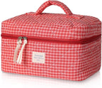 Gosect Large Makeup Bag, Cute Cosmetic Bag for Women Girls, Floral Coquette Aesthetic Toiletry Bag, Travel Make Up Organizer Bag(Red Checkered)