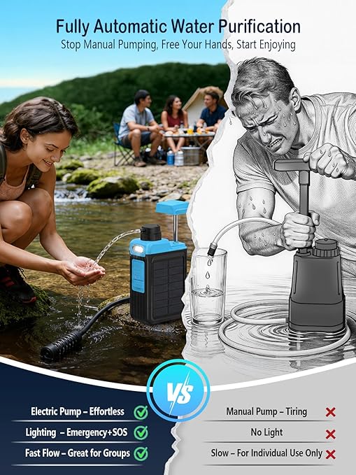 BKLES 3-in-1 Solar Electric Water Filter with Hand Pump - Camping Water Filtration System Survival, Portable Water Purifier with Emergency Light, Survival Kit for Backpacking, Birthday Gifts for Men