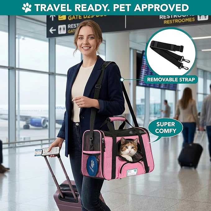 PetAmi Airline Approved Pet Carrier for Cats & Small Dogs, Soft Sided TSA Travel Carrier Bag with Sherpa Bed, Breathable Mesh Ventilation, Collapsible Bowl, Fits Under Seat, Up to 18 lbs, Small Pink
