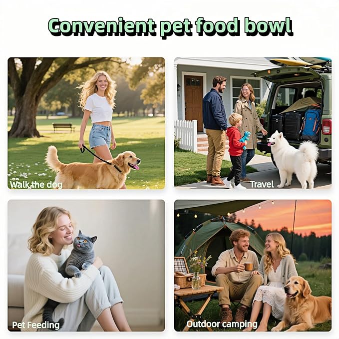 Cute Collapsible Silicone Dog Bowl with Carabiner - Portable Travel Pet Food & Water Dish for Walking, Hiking, Camping - Folds to Key Size, 350ml (Mint Green)