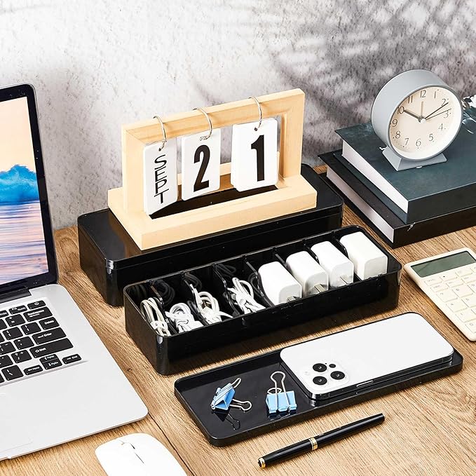 Tatuo 1 Pcs Cable Organizer Box with Wire Ties, Plastic Cord Storage Box with Lid, Electronics Organizer for Home Office Desk Organizers and Accessories (Black)