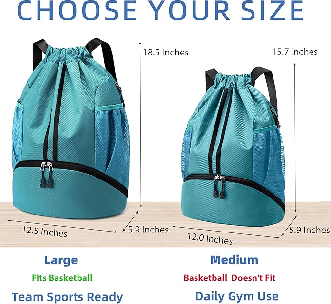 JELUTAR Drawstring Backpack Gym Bag with Shoes Compartment for Soccer, Basketball, Swim, Water-Resistant String Backpack Beach Cinch for Women Men, Teal