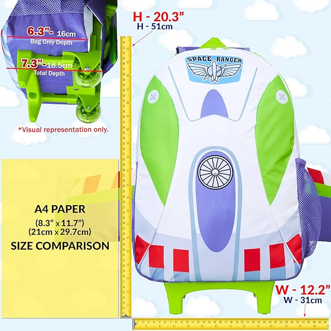 Disney Toy Story 2-in-1 Buzz Lightyear Carry On Luggage 18” Rolling Kids Mini Suitcase with Wheels & Handle 16L, Lightweight Travel Bag Gifts for Kids