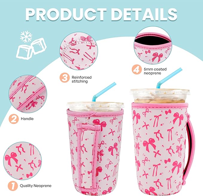 KJQJLY 3 Pack Reusable Iced Coffee Sleeves for Iced Coffee Cups or Drinks Reusable Neoprene Insulated Sleeves for Hot and Cold Drinks from Starbucks, Dunkin, And More (Pink bow)