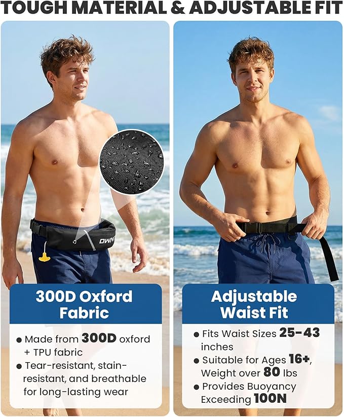Owntop Manual Inflatable Belt Pack, Adults Swim Jacket with Blowpipe & Whistle, 24g CO2 Cylinder Included, Low Profile for Kayaking, Fishing, Paddle Sports