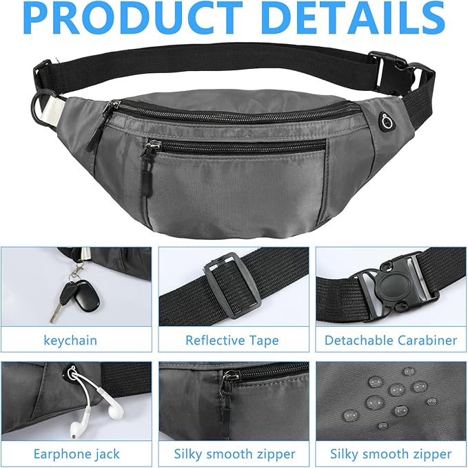 5PCS Crossbody Fanny Pack Bulk,Large Capacity Waist Bag with 4-Zipper Pockets Adjustable Strap Fanny Packs Waterproof Oxford Cloth Travel Belt Bag for Outdoor Shopping Travel Men Women,Gray