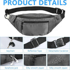 5PCS Crossbody Fanny Pack Bulk,Large Capacity Waist Bag with 4-Zipper Pockets Adjustable Strap Fanny Packs Waterproof Oxford Cloth Travel Belt Bag for Outdoor Shopping Travel Men Women,Gray