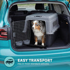 SportPet Airline Compliant LARGE 31.5" Travel Dog Kennel- Durable Plastic Airline Pet Carrier w/ Removable Wheels & Food Bowls, Collapsible Indoor/Outdoor Dog Kennel, Dogs up to 28"L & 20"H-Dark Gray