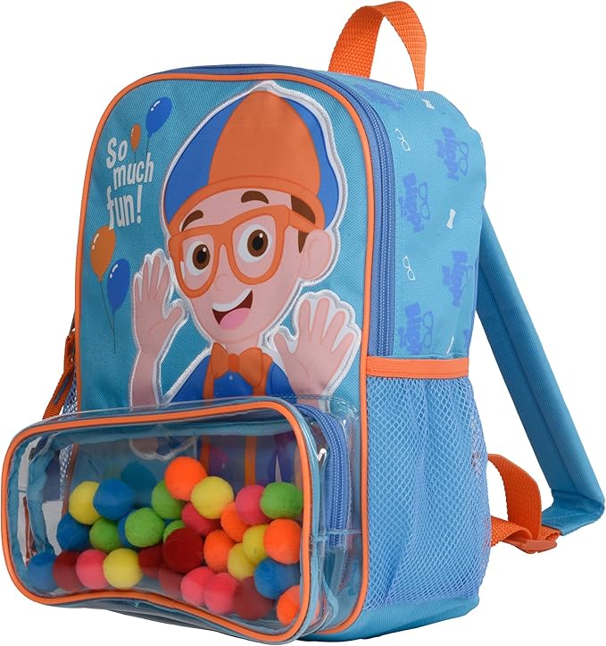 Blippi Backpack with Sound for Boys and Girls, Clear Front Pocket and Mesh Side Pockets, Toddler’s Schoolbag with Padded Back and Adjustable Straps, Versatile Day Pack for Kids, Blue and Orange