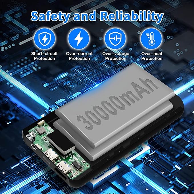 30000mAh Heated Vest Battery Pack 7.4V/5V, Heating Vest Portable Charger with DC and USB Output Ports, Power Bank for Heated Jacket, LED Display Battery Pack for Heated Vest