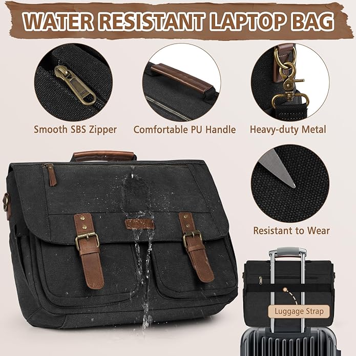 RAINSMORE Messenger Bag for Men 15.6-17.3 Inch Laptop Bag Water-resistant Canvas Briefcase Computer Satchel for Work College