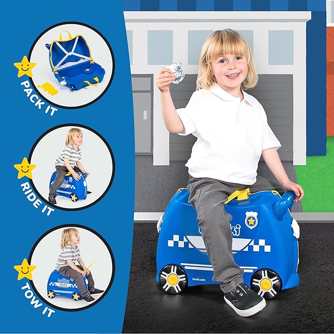Trunki Ride-On Kids Suitcase | Tow-Along Toddler Luggage | Carry-On Cute Bag with Wheels | Airplane Travel Essentials: Percy Police Car Blue