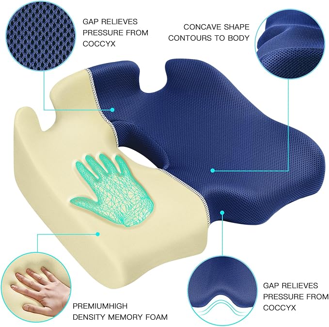 Benazcap X Large Memory Seat Cushion for Office Chair Sciatica & Back Pain Relief Memory Foam Firm Coccyx Pad for Car, Wheelchair, Gaming Chair and Desk Chair, Blue