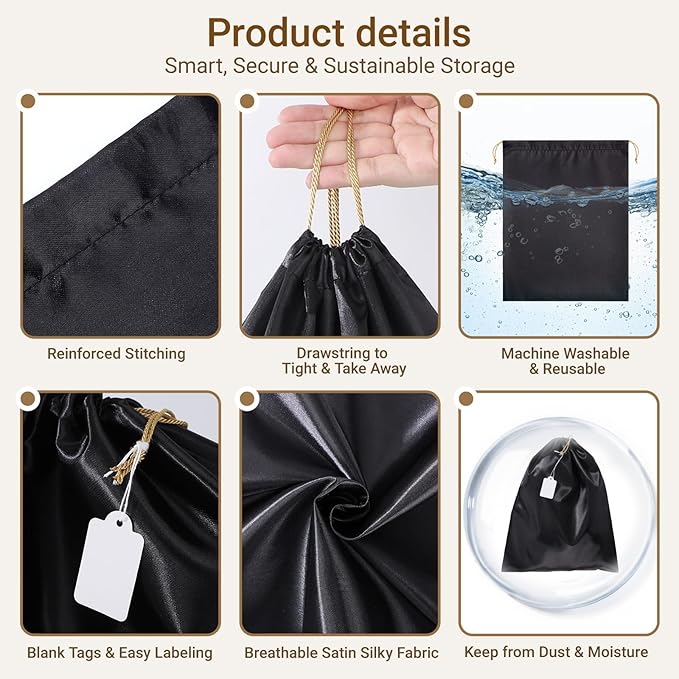 Ewen Small Medium Large Satin Drawstring Dustbags with Tags, 3 Pack Dustproof Travel Essentials Organizer Bags for Handbags, Black Packing Bags for Closet Home Storage Jewelry Shoes Purse Organization