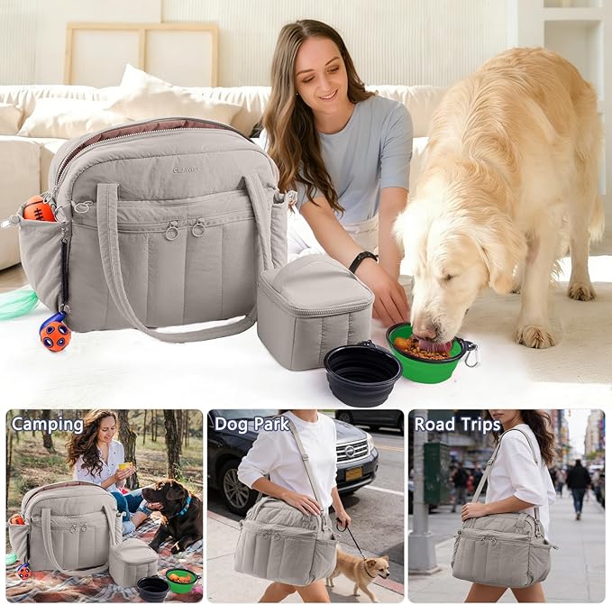 Dog Travel Bag for Supplies, Airline Approved Pet Travel Organizer with 2 Food Containers & Collapsible Bowls, Large Capacity Dogs Tote Bag for Weekend, Stylish Dog Mom Gift for Pet Lovers
