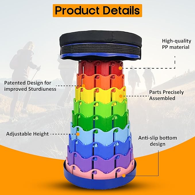 Upgraded Portable Folding Stool with Seat Cushion and Nylon Bag Adjustable Stool with 350lbs Load Capacity Collapsible Camping Stool for Adults Outdoor Travel, Fishing. (1, Blue Rainbow)