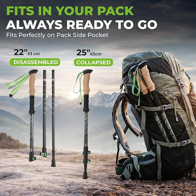 Trekology 3K Carbon Fiber Trekking Poles (210g) - Pair of Ultralight Hiking Poles with Cork Grips, Collapsible Telescopic Walking Sticks, Metal Flip-Locks & 10pc All-Terrain Accessory Kit