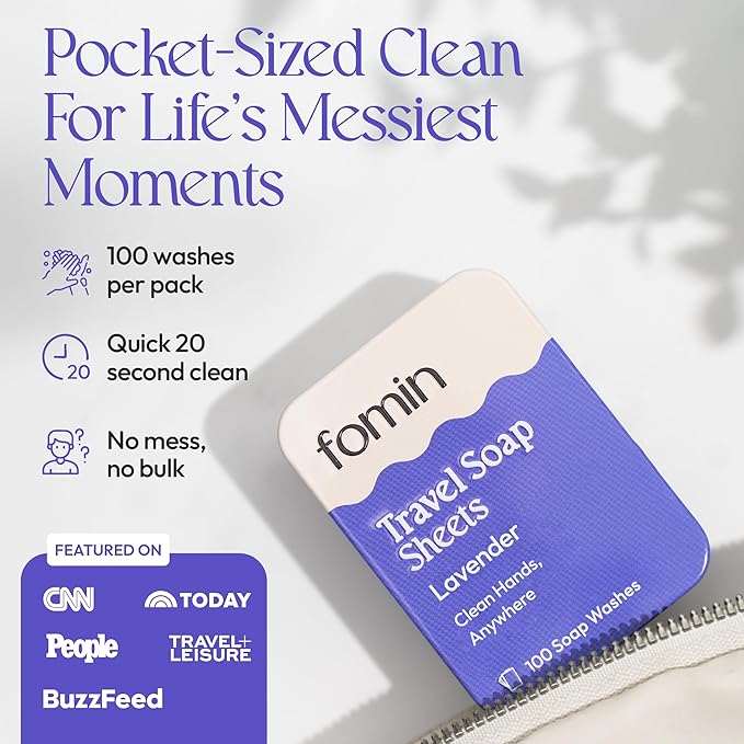 FOMIN - Antibacterial Paper Soap Sheets for Traveling - 100 Lavender Portable Hand Soap Sheets for Travel in Tin - Dissolvable Mini Portable Travel Soap Sheet for Hand Washing, Camping and Hiking