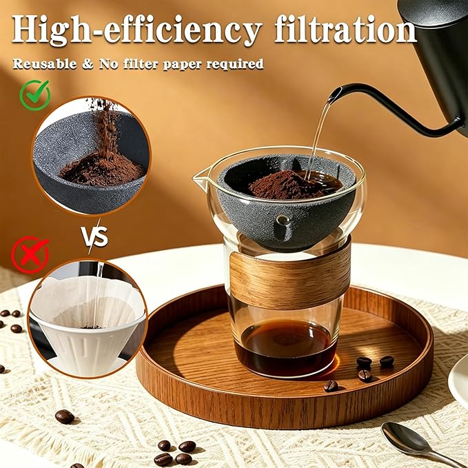 Glass Pour Over Coffee Maker Set, Drip Coffee Maker, No Paper Filters Needed, Heat-resistant Borosilicate Glass with Ceramic Coffee Filter, Easy to Clean, Ideal for Home, Office & Outdoor Camping