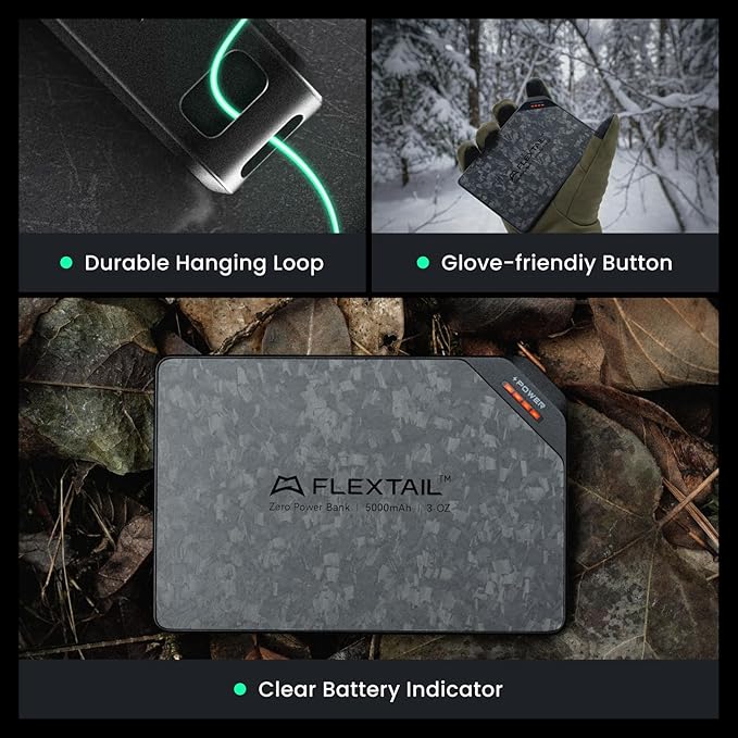 FLEXTAILGEAR 5000mAh Power Bank, Ultra-Lightweight Outdoor Portable Power Bank, Outdoor Travel Fast Charging Waterproof Carbon Fiber, Slim USB-C Power Portable Charger Battery Pack for Phones
