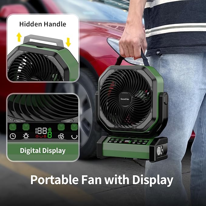 Socool Camping Fan with Light, 20000mAh Rechargeable Battery Fan with Remote, 112Hrs & 8 Speeds, Digital Display, Timer, Auto Oscillation, 270° Pivot & Hook for Outdoor Tent, Hurricane, Power Outage