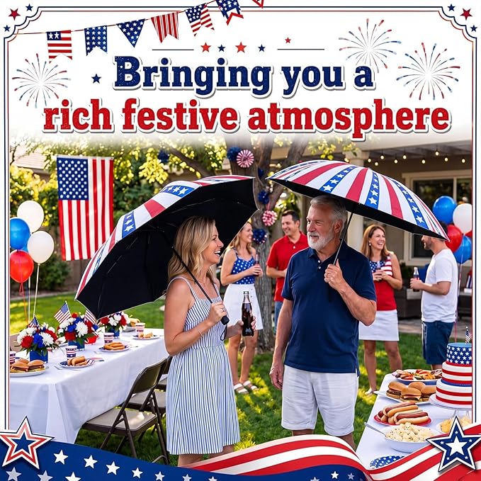 6 Pcs Patriotic American Umbrellas Red White Blue 4th of July Umbrellas with 8-Rib and Black Coating, Windproof