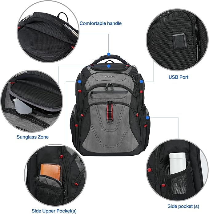 KROSER TSA Friendly Travel Laptop Backpack 17.3 inch XXXL Gaming Backpack Water-Repellent College Daypack Business Backpack with RFID Pockets & USB Port for Men/Women-Black/Grey