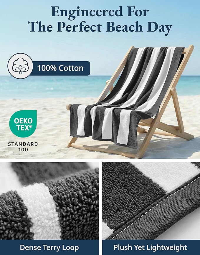 LANE LINEN Beach Towels 4 Pack - 520 GSM, (30" x 60") 100% Cotton Pool Towel for Adults - Thick & Highly Absorbent Extra Large Beach Towel - Super Soft & Quick Dry Cabana Stripe Pool Towel Set - Grey
