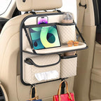 PU Leather Backseat Car Organizer with Tray, Cup Holder, Tablet Pocket & Tissue Holder, Back Seat Car Organizer for Kids and Women, Universal Car Seat Storage Organizer (Beige)