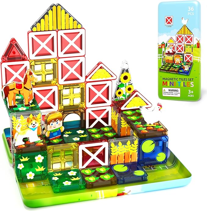 ORZbb Mini Magnetic Tiles Farm Animal Toys Toddler Travel Essentials Set with Case, Kids Magnetic Blocks Montessori Education Learning Sensory Preschool Toys for 3+ Year Old Boys Girls Gifts