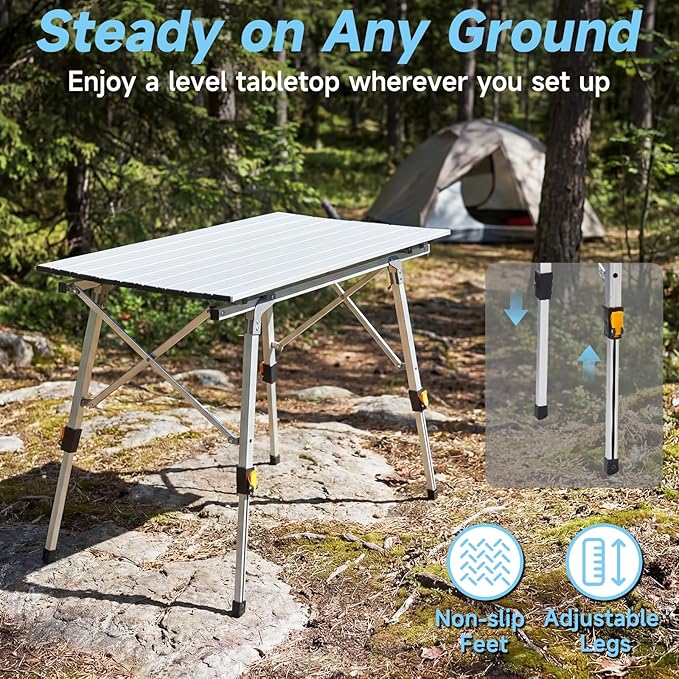 Camping Table Portable Foldable with Adjustable Legs, Aluminum Roll Up Table with Large Mesh Storage Layer & Carrying Bag, Lightweight Outdoor Picnic Table for Camping, Beach, BBQ, Backyard