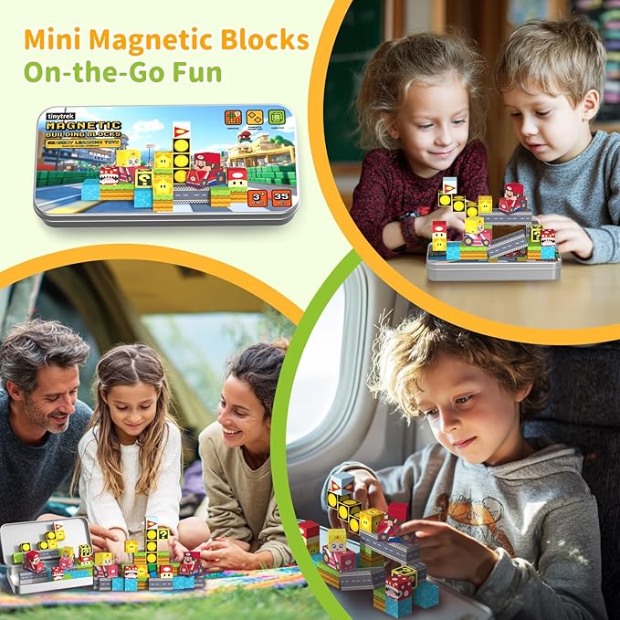 35 PCS Mini Magnetic Tiles Travel Set with Portable Iron Storage Box, STEM Educational Magnetic Building Blocks for Kids Ages 3-8, Montessori Sensory Toys Gifts for Toddler, Boys & Girls