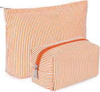 Huhumy 2 Pcs Makeup Bag Set Cute Cosmetic Pouch for Women Seersucker Travel Toiletry Bag Preppy Small Makeup Purse Pouch Aesthetic Skincare Brushes Storage Organizer for Valentine Women(Orange)