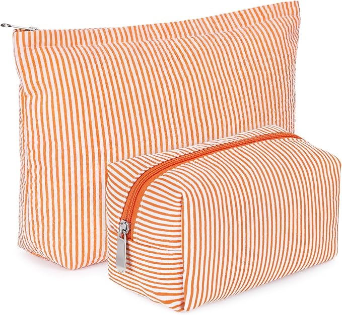 Huhumy 2 Pcs Makeup Bag Set Cute Cosmetic Pouch for Women Seersucker Travel Toiletry Bag Preppy Small Makeup Purse Pouch Aesthetic Skincare Brushes Storage Organizer for Valentine Women(Orange)