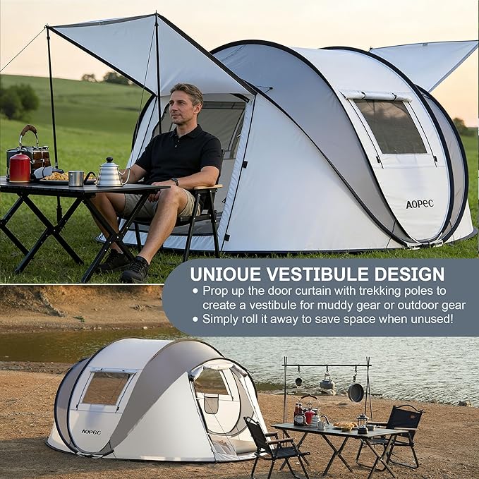 Pop Up Camping Tent, 2/4/6 Person Instant Tent Waterproof PU4500mm, Spacious Ventilated Camping Tent with Front Porch, Quick Setup Lightweight Portable for Outdoor Camping Hiking Beach