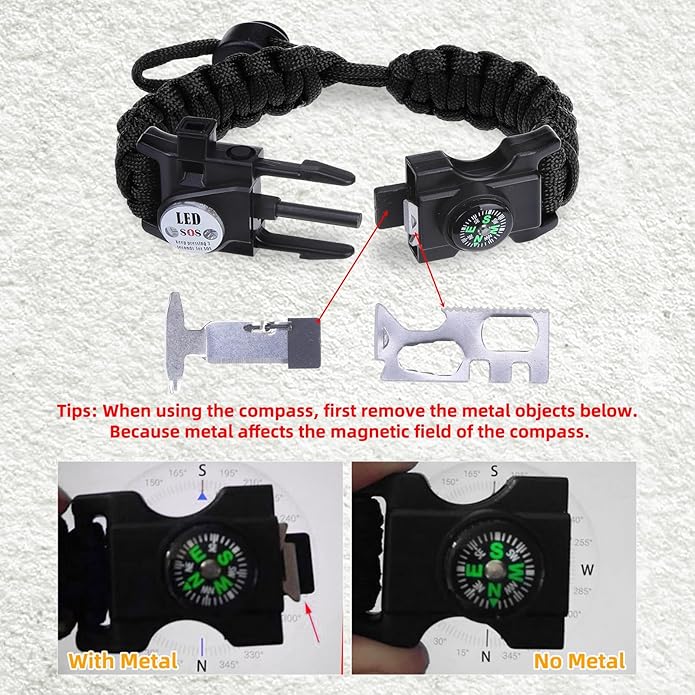 Survival Bracelets, Paracord Bracelets (2 pcs) with Loud Whistle Light Flint, Adjustable Compass Bracelet for Outdoor Camping Hiking Fishing Hunting, Multitools Tactical Gear, Bearable 300 lb