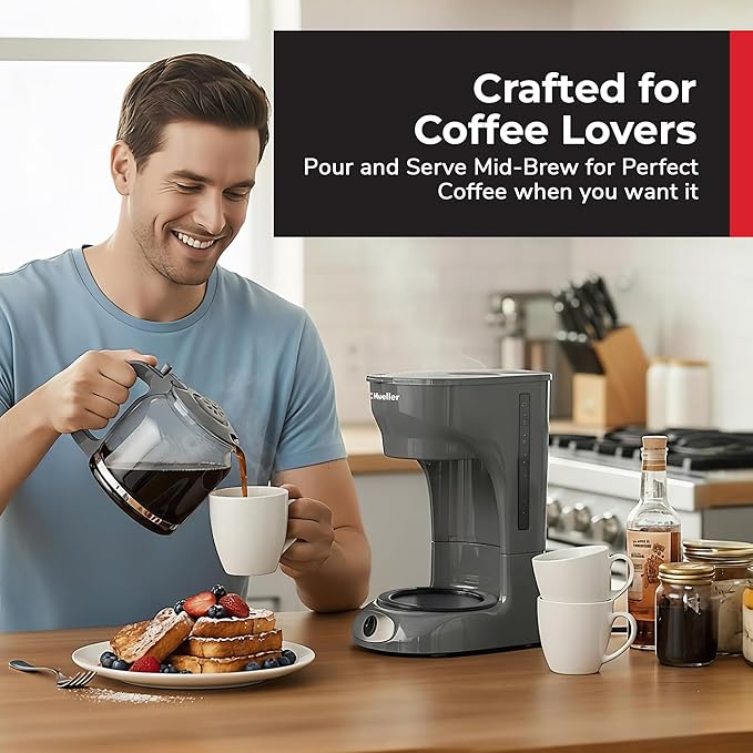 MUELLER HOME 12-Cup Drip Coffee Maker Perfect for Home or Office, Borosilicate Carafe, Auto-Off, Reusable Filter, Anti-Drip, Keep-Warm Function, Clear Water Level Window, Gray