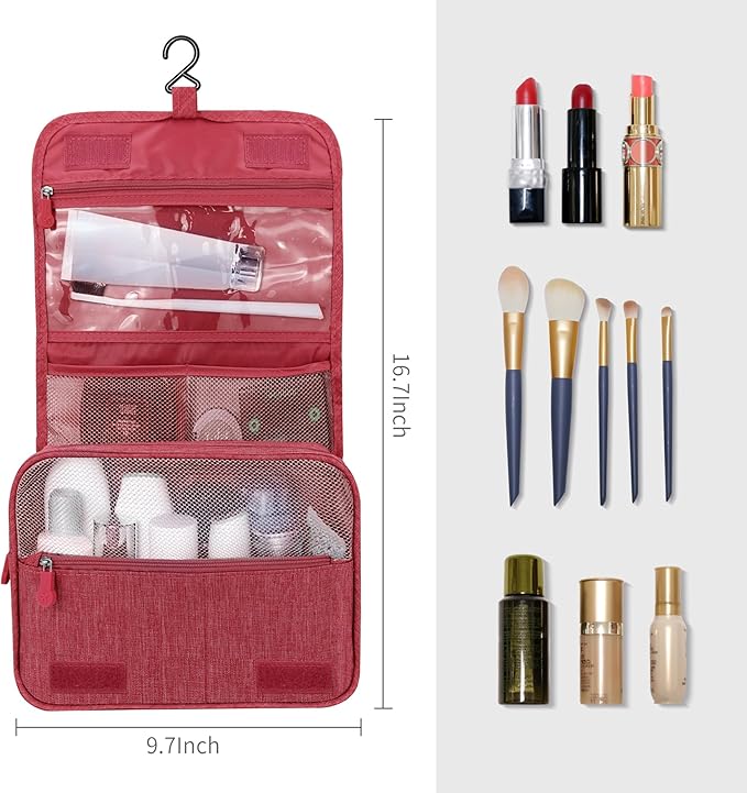 Lcsmaokin Large Capacity Toiletry Bag Travel Bag with Hanging Hook for Men and Women Waterproof Travel Cosmetic Bag Bathroom Storage Bag for Brushes Set, Full-Sized Shampoo, Toiletries, Wine Red