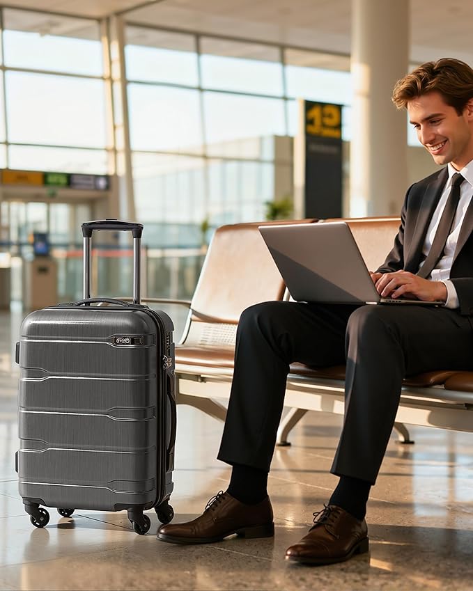 Coolife Carry On Luggage 22x14x9 Airline Approved Hardside PC+ABS Suitcase with TSA Lock, Lightweight Rolling Travel Luggage with Spinner Wheels(Charcoal, 20in)