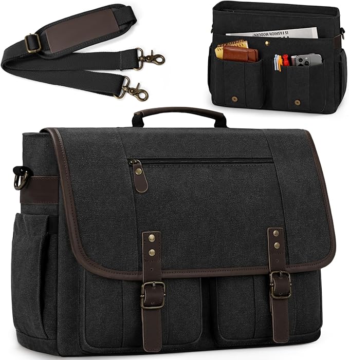 RAINSMORE Mens Messenger Bag 17-17.3 Inch Vintage Canvas Briefcase Water-resistant Large Computer Laptop Bag Rugged Satchel Shoulder Bag for Work Travel, Bookbag for College