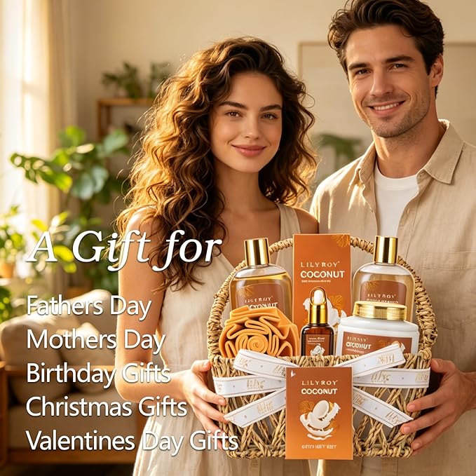 Mother's Day Gift Basket for Women, Gifts for Women - 7Pcs Coconut Bath and Body Spa Gift Basket for Women & Men Self Care Spa Kit | Valentines Day, Fathers Day, Birthday, Christmas Gifts for Her Him