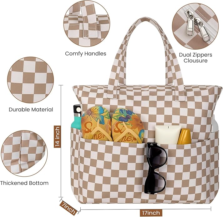 Trifabricy Beach Bags for Women Waterproof Sandproof Women Tote Bag, Large Beach Bag with Zipper for Gym Travel Vocation