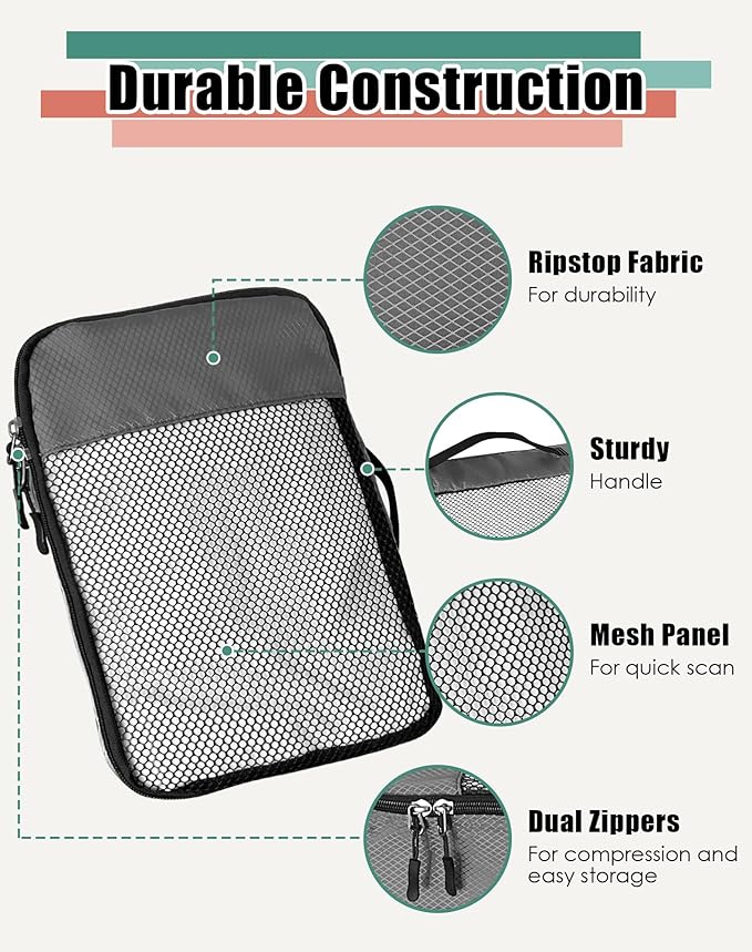 WTREE 4-Piece Packing Cubes Travel Accessories Set for Suitcases - Luggage Organizer Bags with Double Zipper - Mesh Top - Medium - Dark Grey