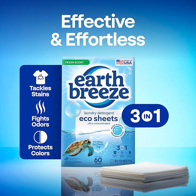 Earth Breeze Laundry Detergent Sheets Fresh Scent - 60 Loads Eco Liquidless Soap - Travel-Friendly for Hot & Cold Cycles, Tackles Tough Stains & Odors - Gentle on Skin, 30 Ct