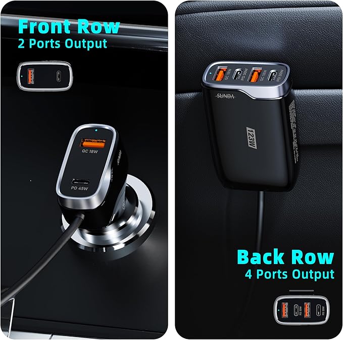 6 Multi Ports USB C Car Charger, 123W Fast Car Charger Adapter, PD 45W Compatible with iPhone17/Galaxy/Samsung S25, Type C Cigarette Lighter USB Charger with 5.7FT Cable for Rear Seat Charging(Black)