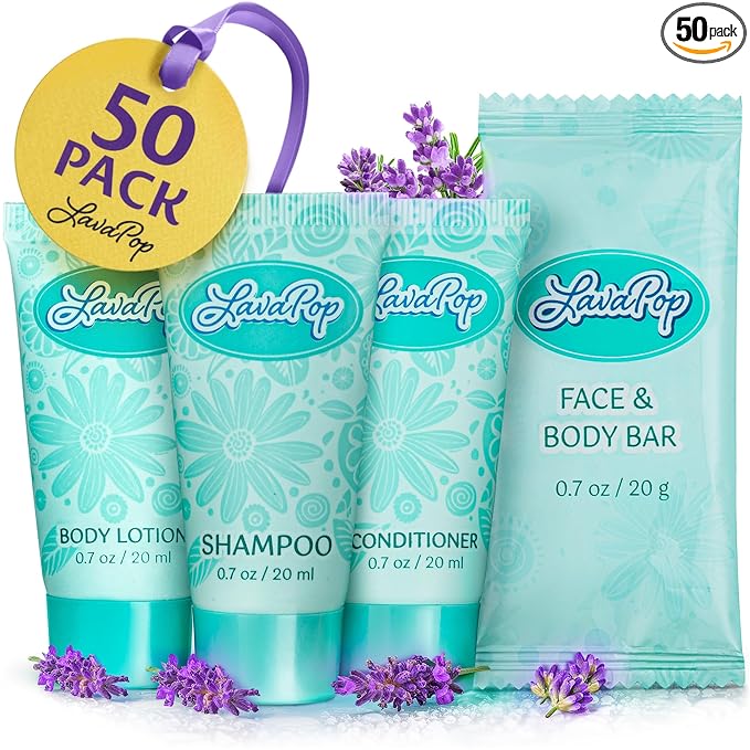 LavaPop - Travel Size Hotel Toiletries Bundle - Iris, Violet & Amber, 0.7 oz each, 200 Pcs - 4-Piece Set: 50 Rectangular Bar Soap, 50 Shampoo, 50 Conditioner & 50 Body Lotion - Bulk Small Toiletries